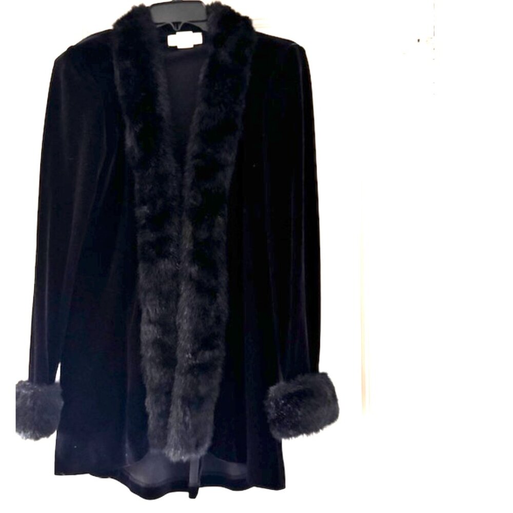 Patra Stretched Velvet Plush Faux Fur Trim Cardigan Sweater Old Money Glam Goth